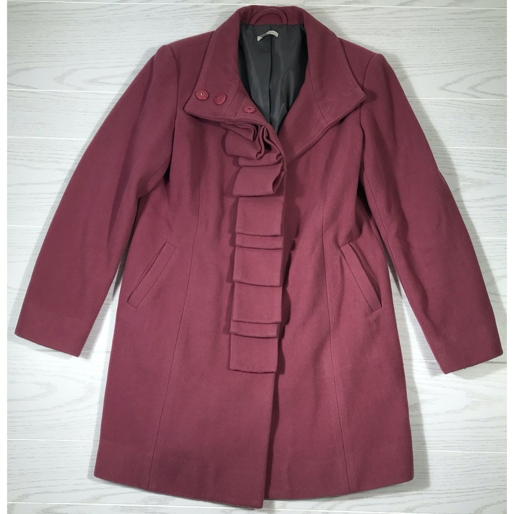 Garnet Hill Wool Blend Coat Women 10 Pink Ribbon Button Snap Lined Long Winter